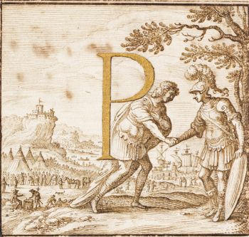 [“P”] Two soldiers shaking hands, or Castor and Pollux