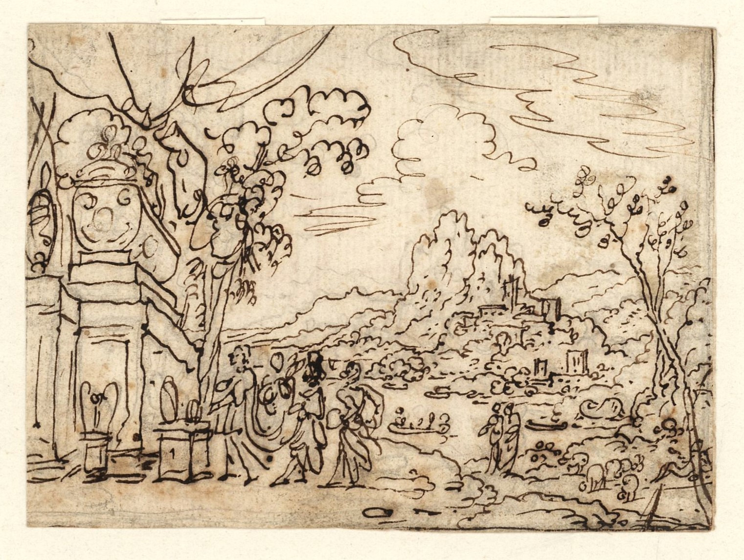 Landscape with figures visiting a tomb