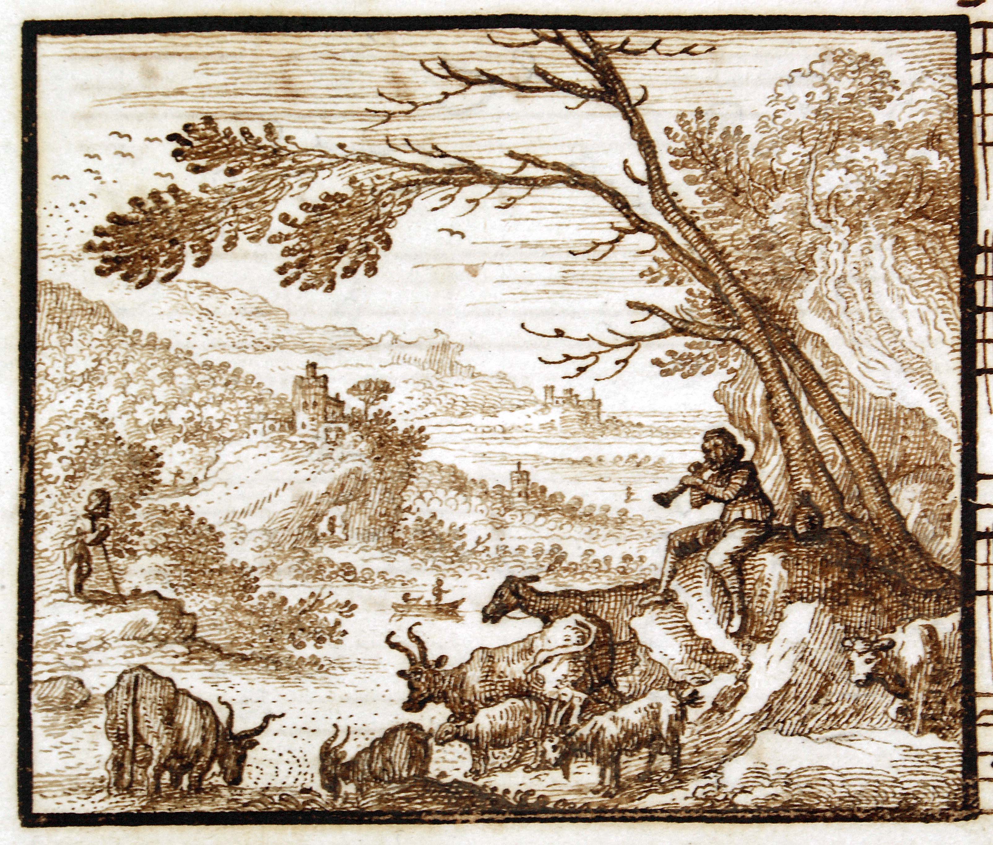 Shepherd and his flock resting by a river