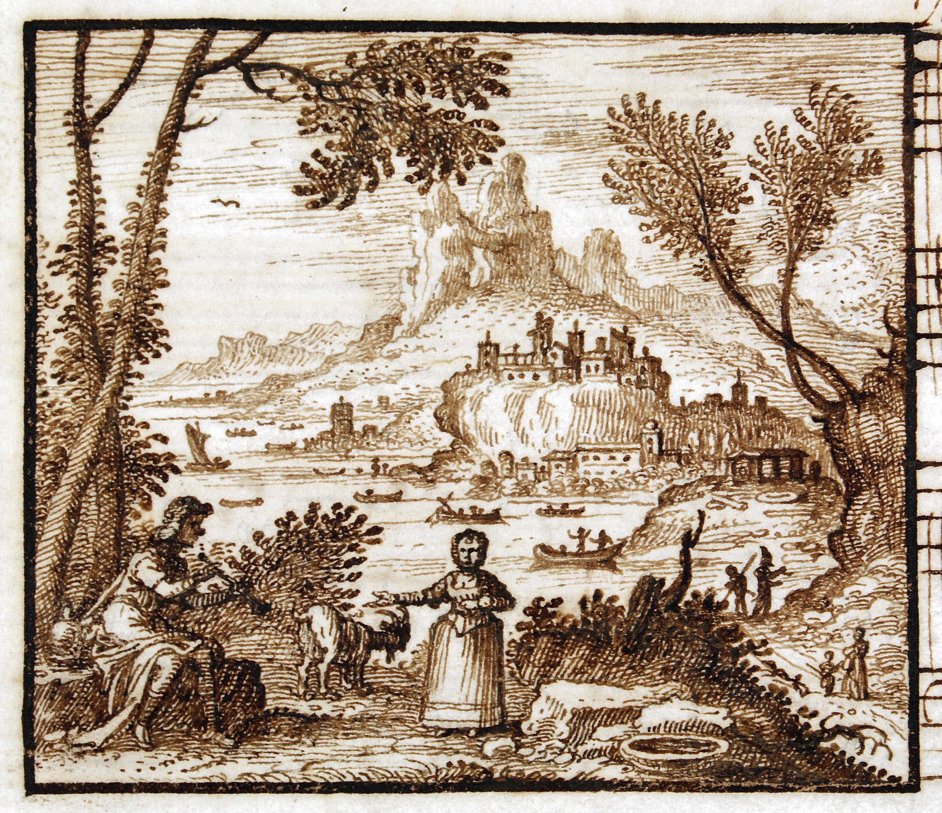 Shepherd and woman in a river landscape